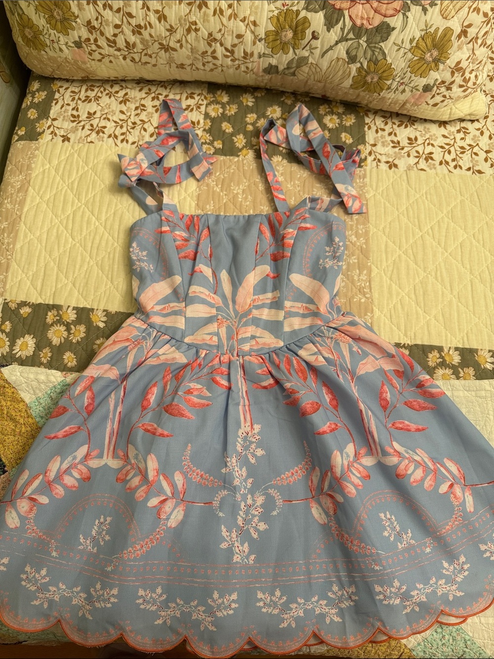 Blue Floral Tie-Shoulder Mini Baby-Doll Dress with Coral Leaf Print